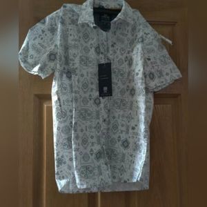 MBX Premium Goods Short Sleeve Button Down Shirt Snow White and Blue Size Medium